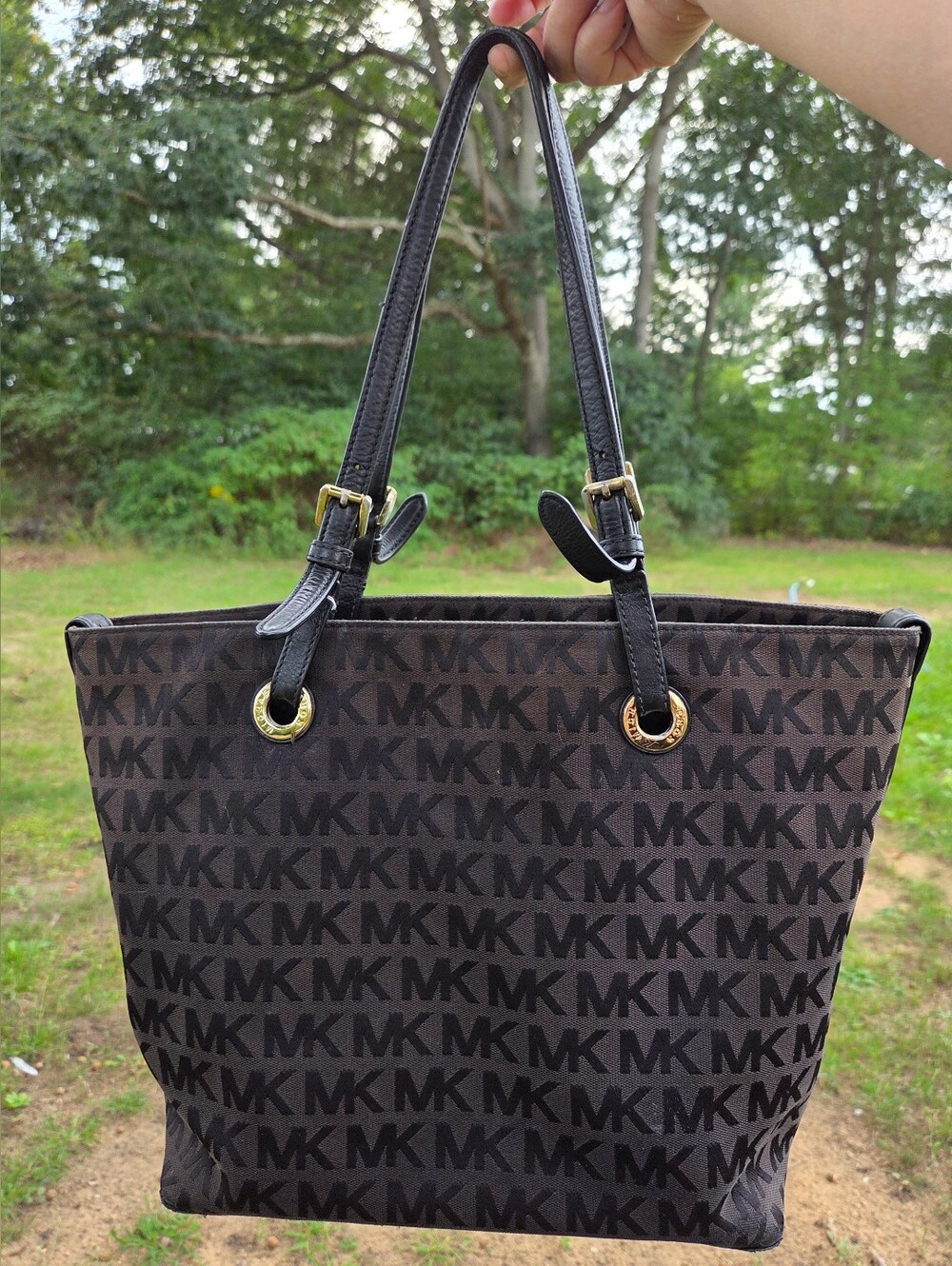 Michael Kors Jet Set Signature Tote Black Monogram Jacquard w/Gold Undertone